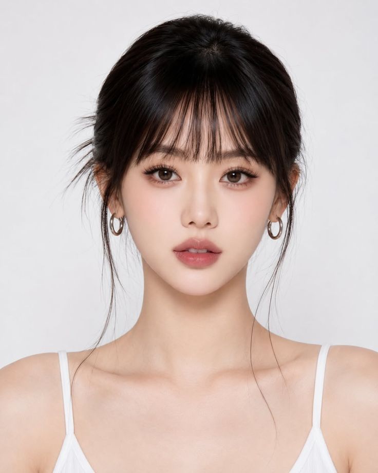 Woman with black hair in an updo and bangs wearing hoop earrings and a white top