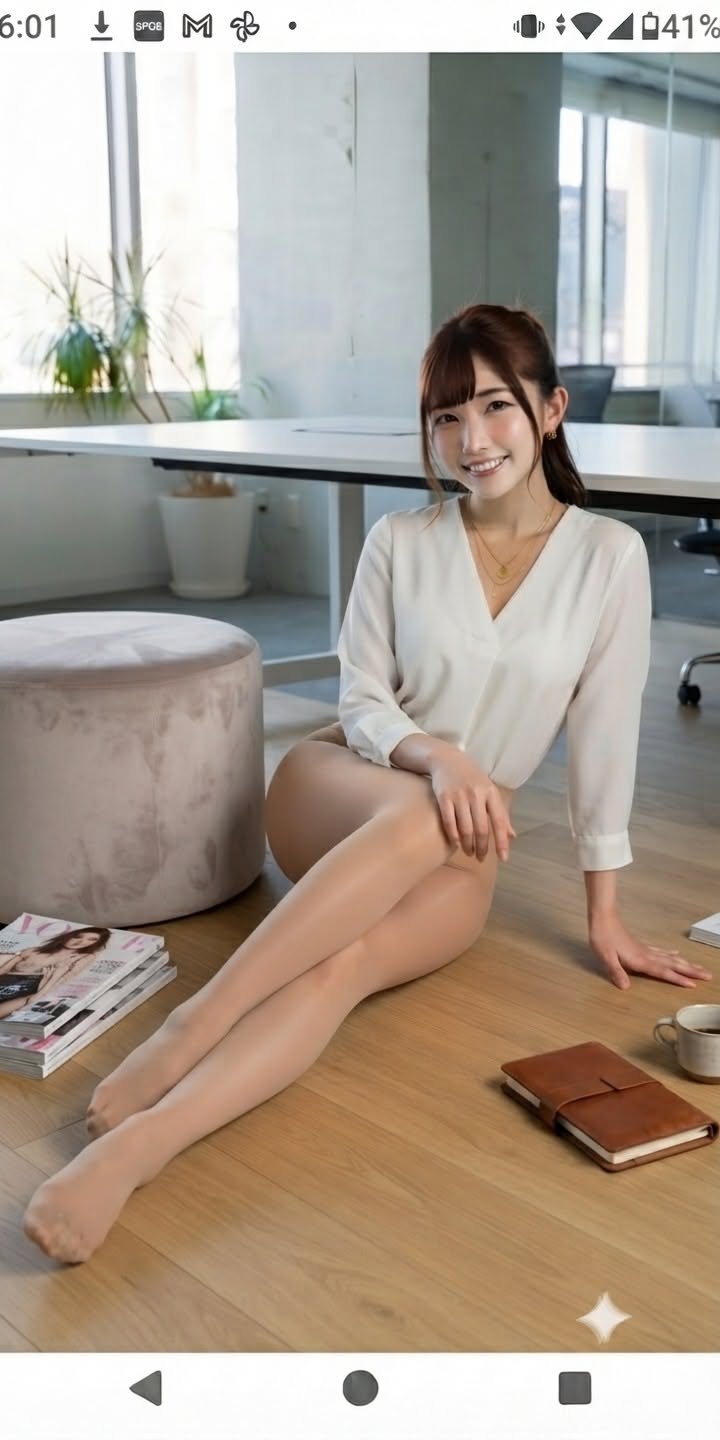 Woman in a white blouse and pantyhose sitting on the floor in an office