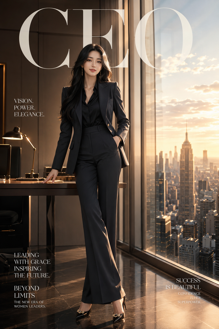 Woman in a business suit standing in an office with a cityscape view at sunset