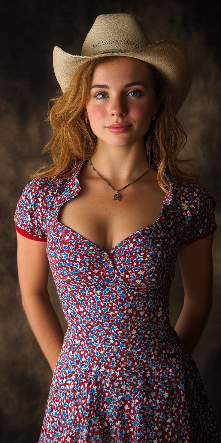 Woman in a star print dress and cowboy hat with soft lighting