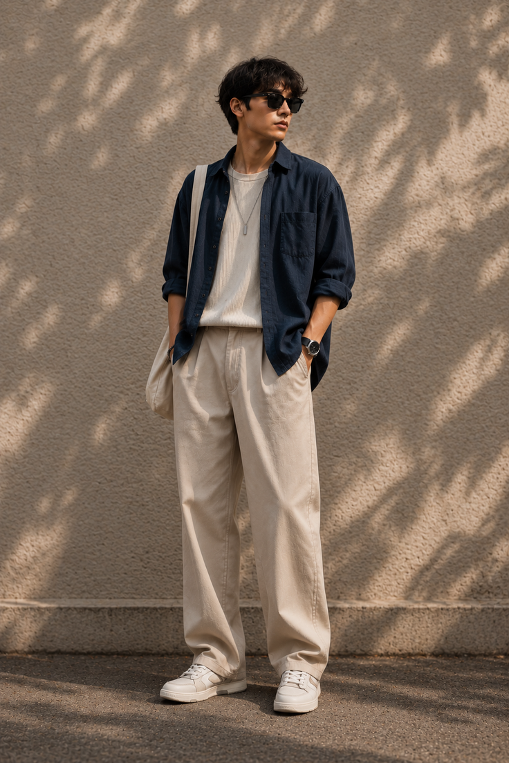 Man in a dark blue shirt and beige pants standing outdoors with shadows on the wall