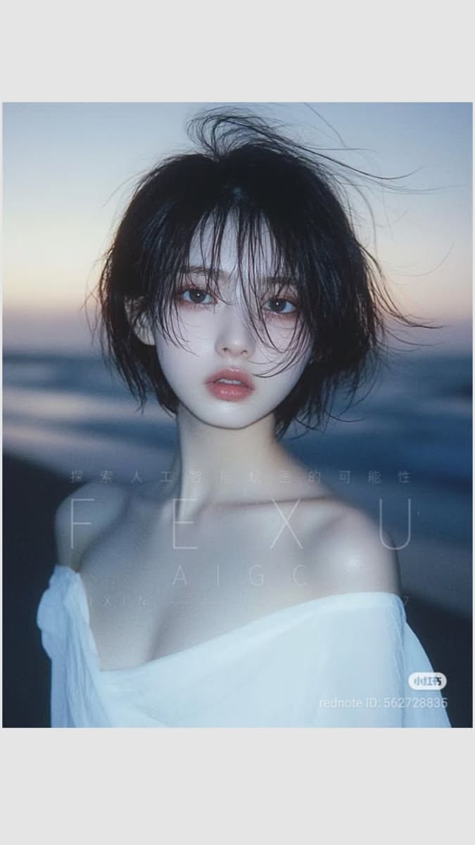 Woman with short black hair and exposed shoulders on a beach at sunset