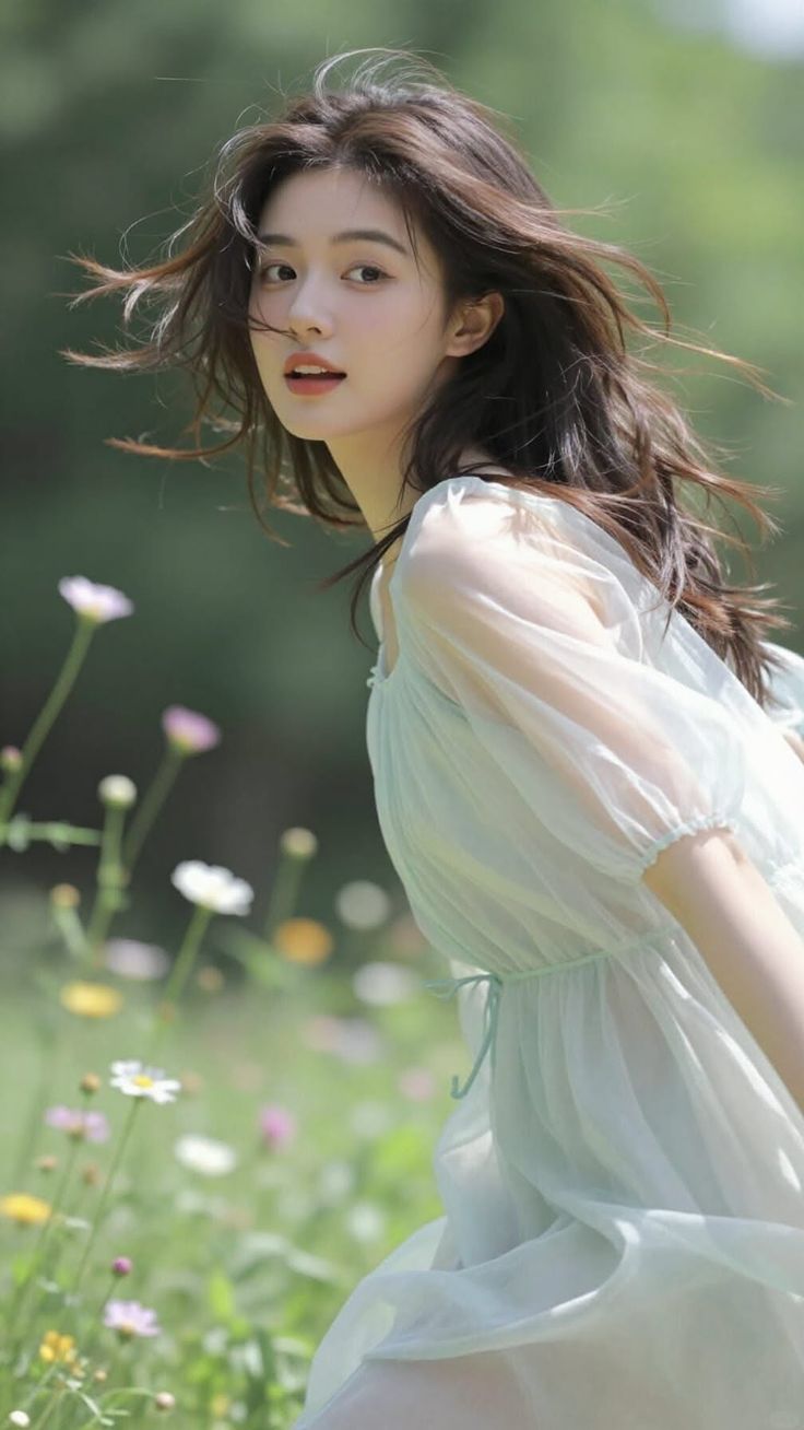 Woman with long hair in a light dress in a field of flowers