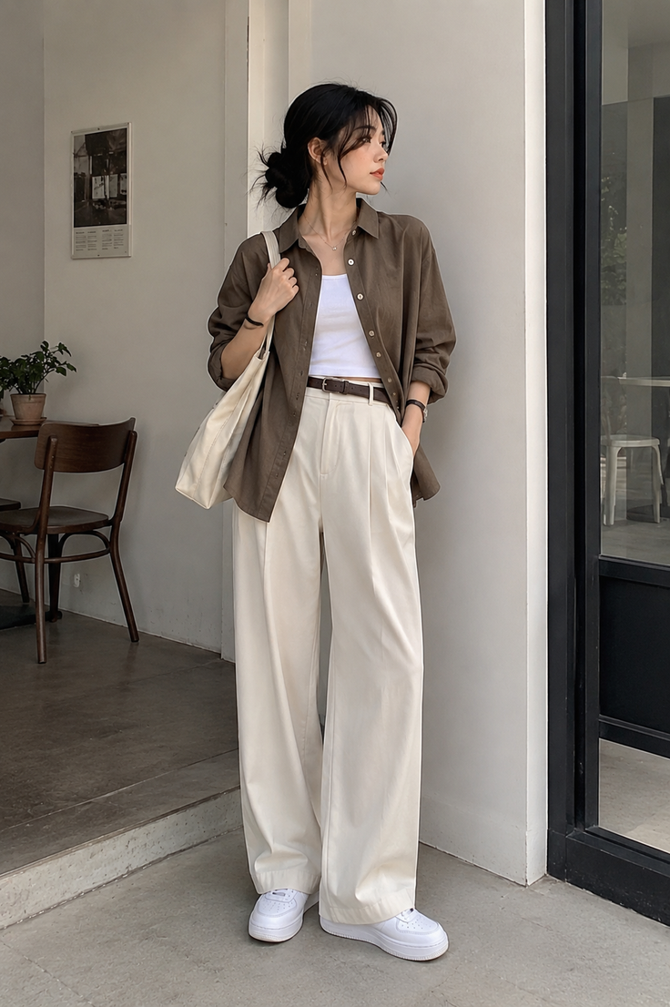 Woman in a brown shirt and white wide-leg pants standing outdoors