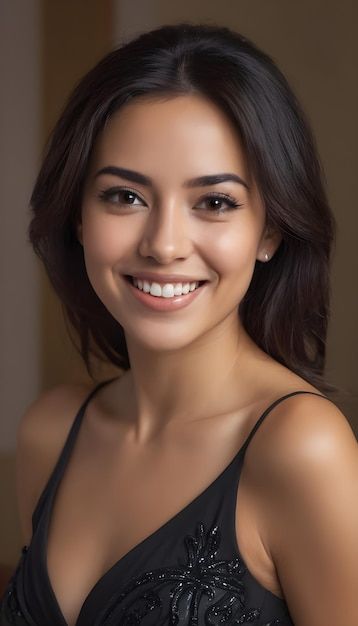 Woman with dark hair smiling in a black dress with subtle cleavage