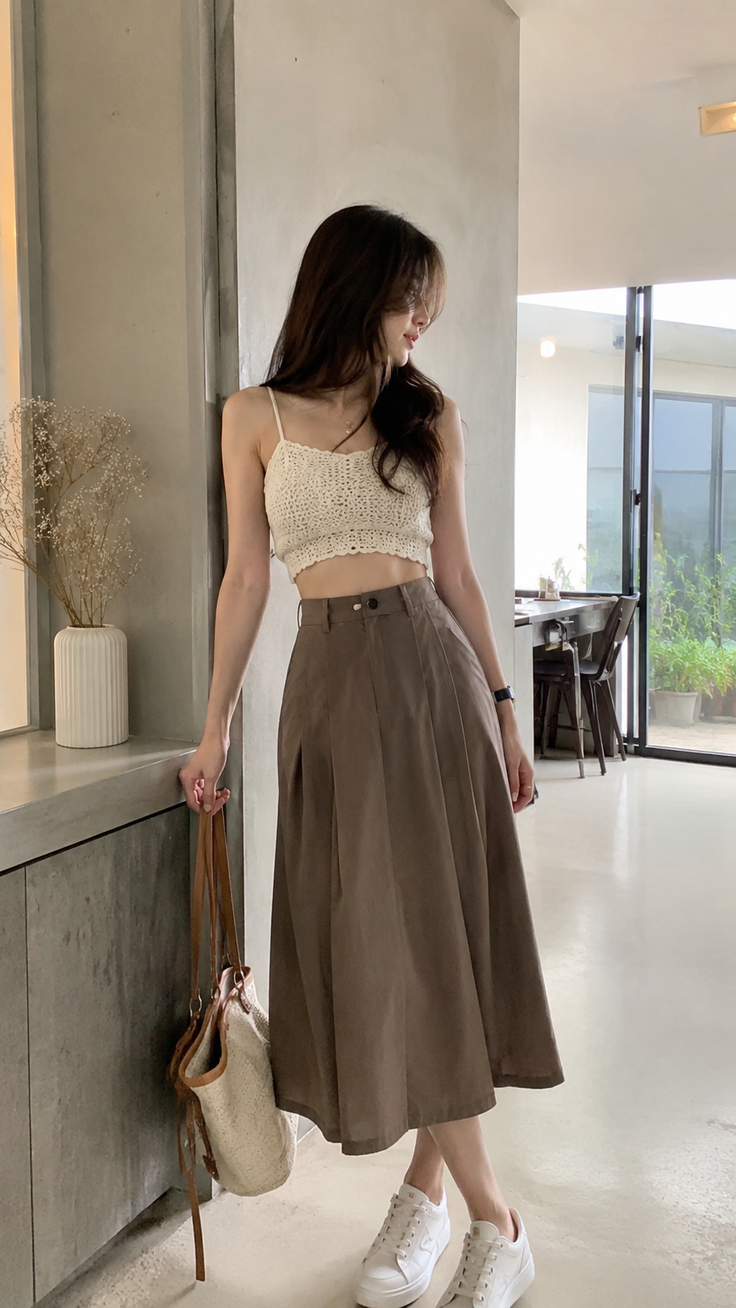 Woman in a crochet top and midi skirt holding a straw bag indoors