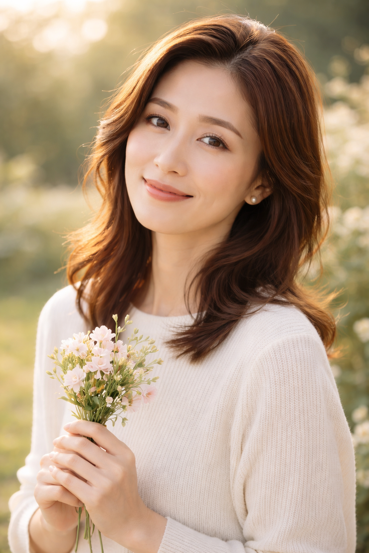Woman with brown hair in a white sweater holding flowers outdoors at golden hour