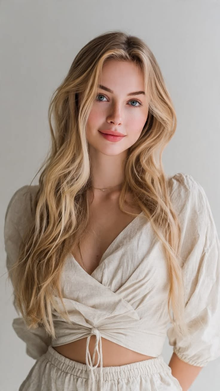 Blonde woman with blue eyes wearing a crop top, looking at the camera