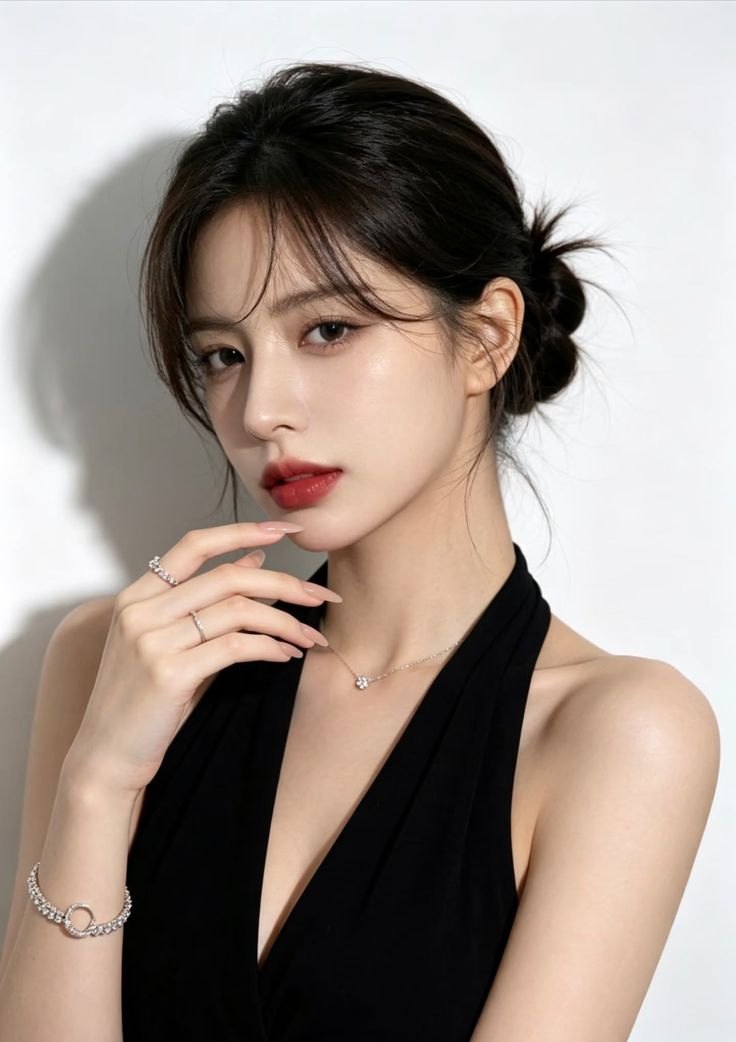 Woman with black hair in an updo wearing a black dress and jewelry