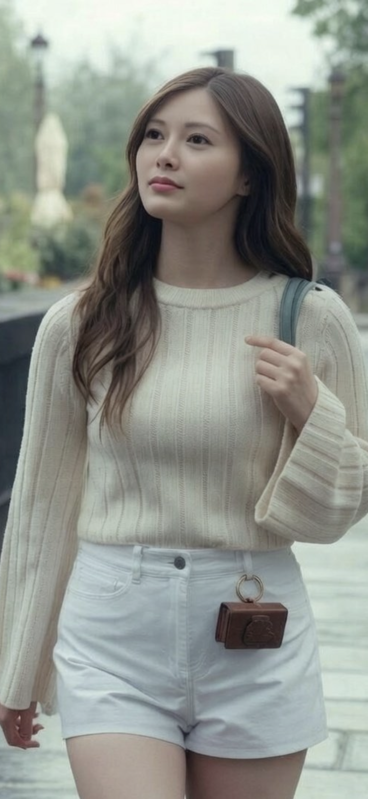 Woman with long brown hair wearing a cream sweater and white shorts outdoors