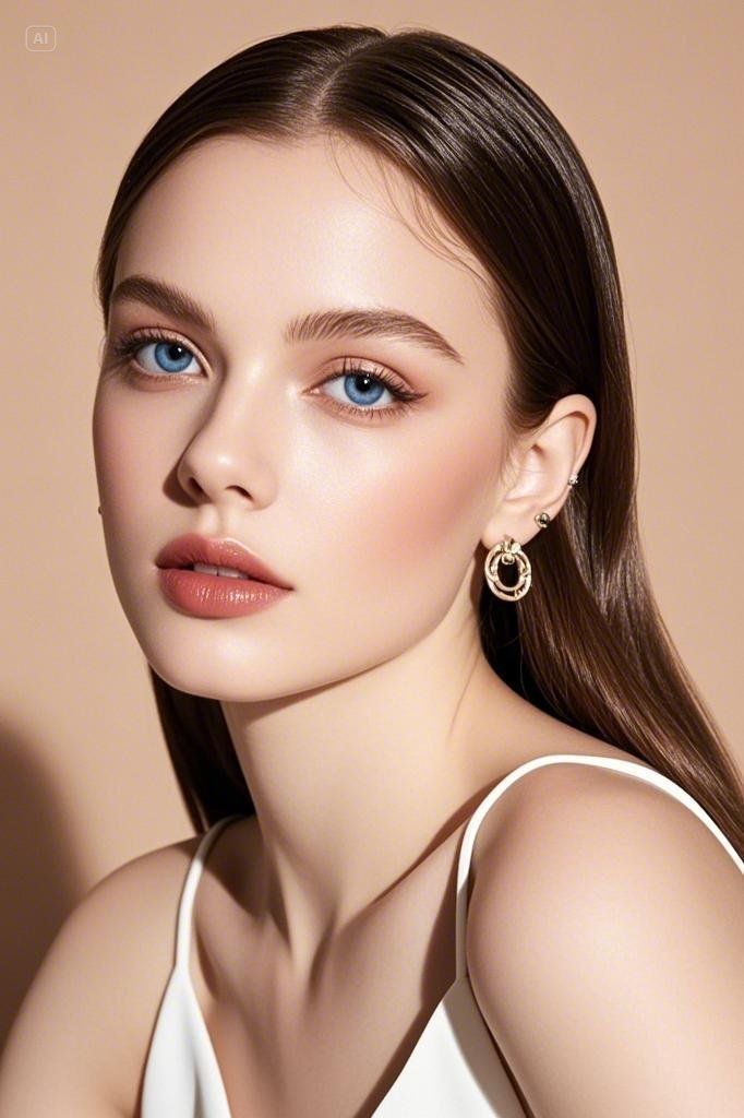 Woman with long brown hair and blue eyes wearing a white top and gold earrings