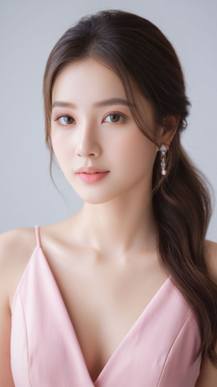 Woman with long brown hair wearing a pink dress and earrings