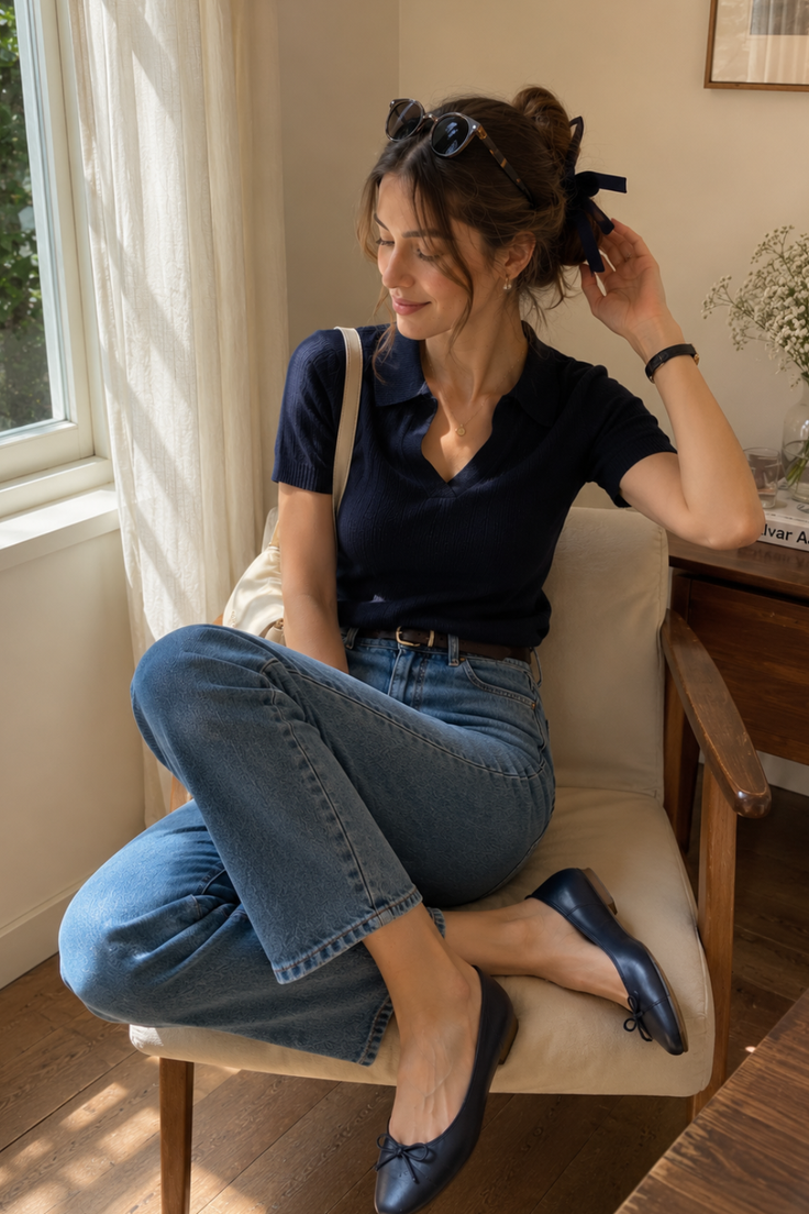 Woman in blue jeans and a navy top sitting in a chair by a window