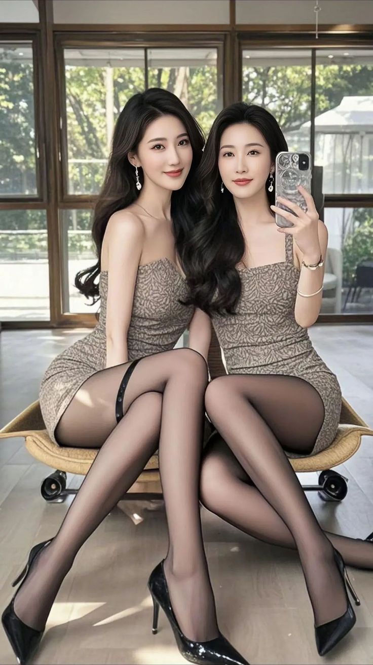 Two women in short dresses and black pantyhose posing indoors