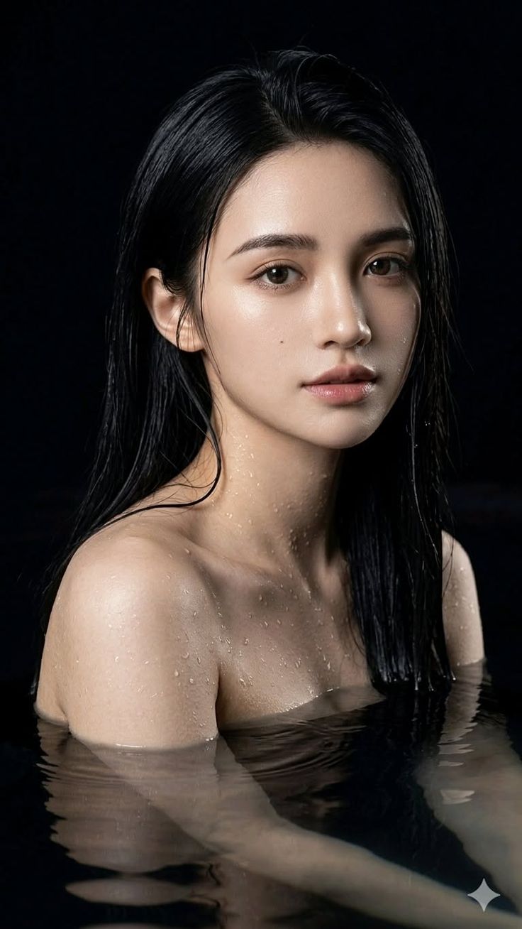 Woman with wet black hair and exposed shoulders in dark water