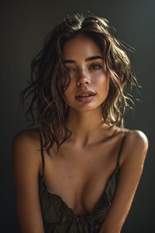 Woman with wavy dark hair and exposed skin against a dark background