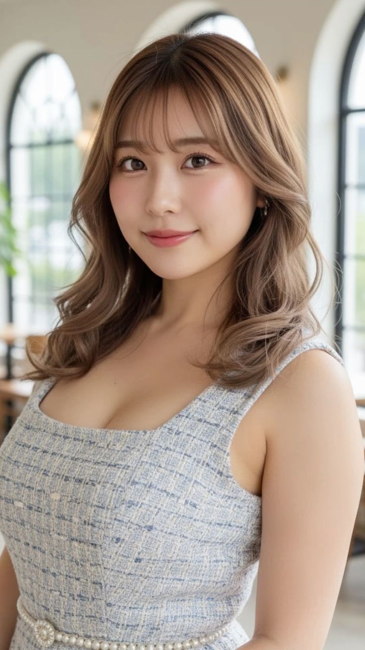 Woman with wavy light brown hair wearing a sleeveless dress with a pearl belt