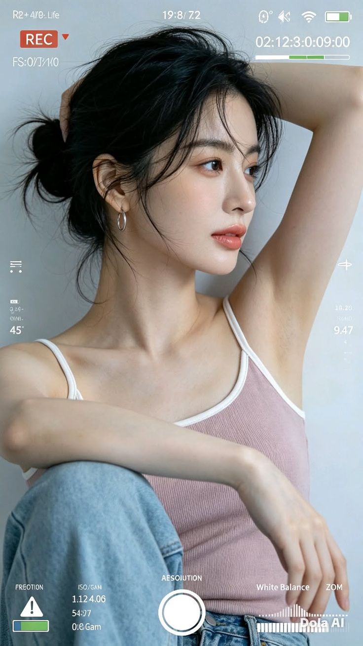 Woman with black hair in a bun, wearing a pink tank top and blue jeans