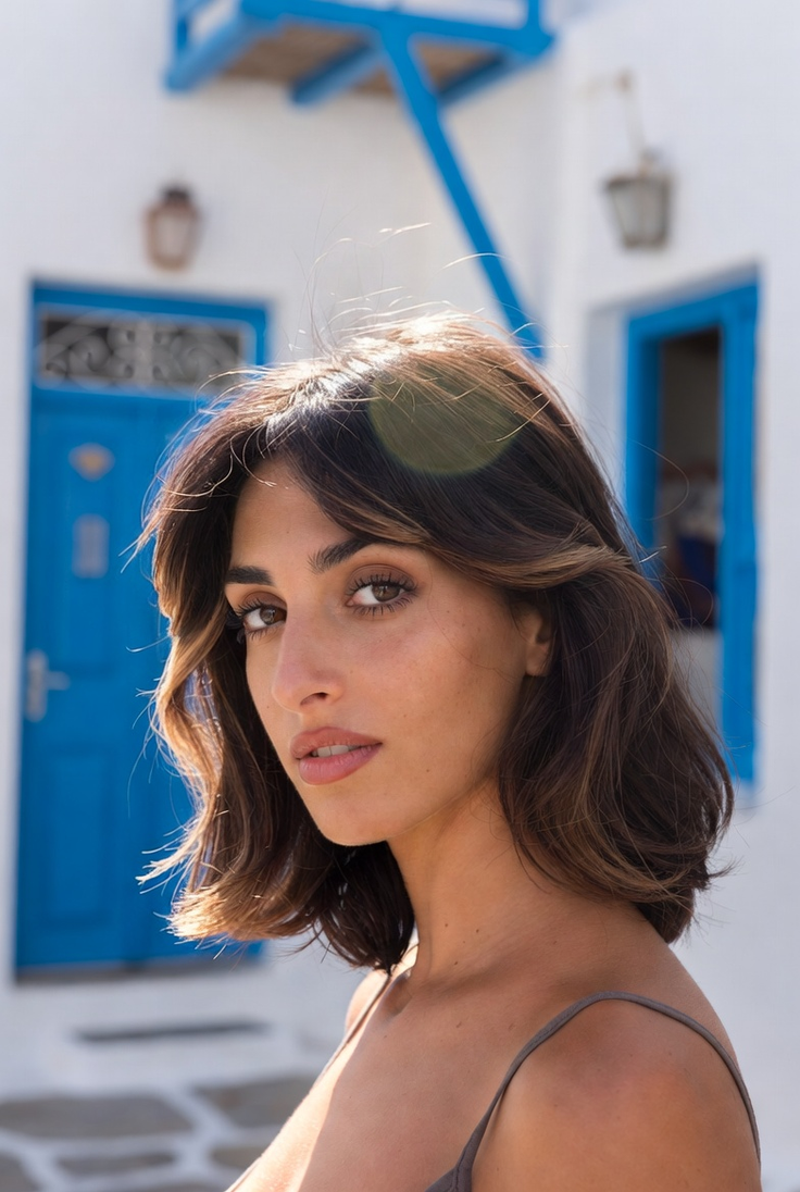 Woman with short brown hair in front of a white building with blue doors