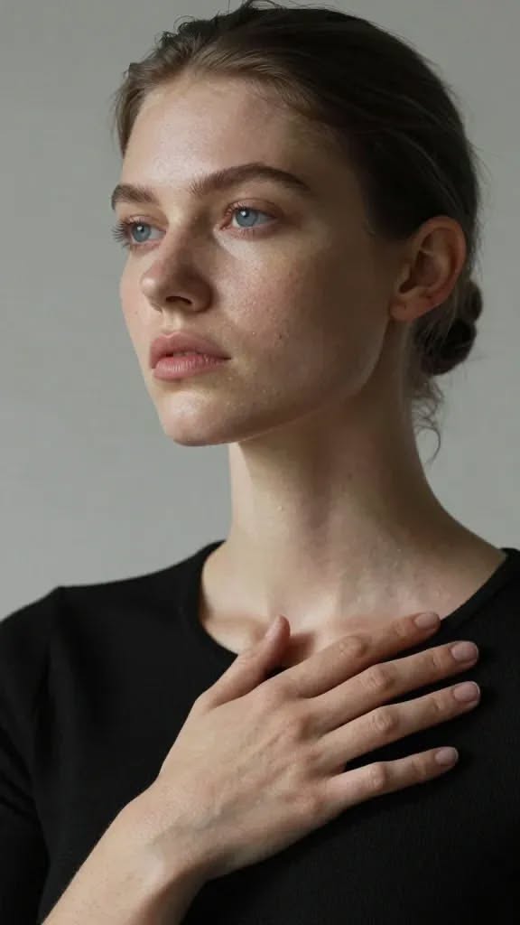 Woman with blue eyes and a black shirt, hand on chest
