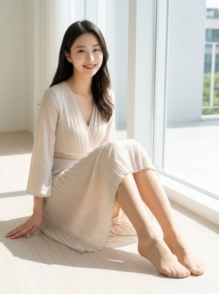 Woman in a light pleated dress sitting on the floor by a window