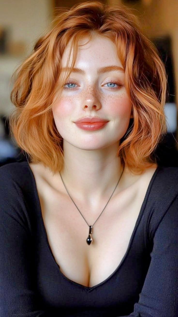 Woman with red hair and freckles wearing a black top with cleavage