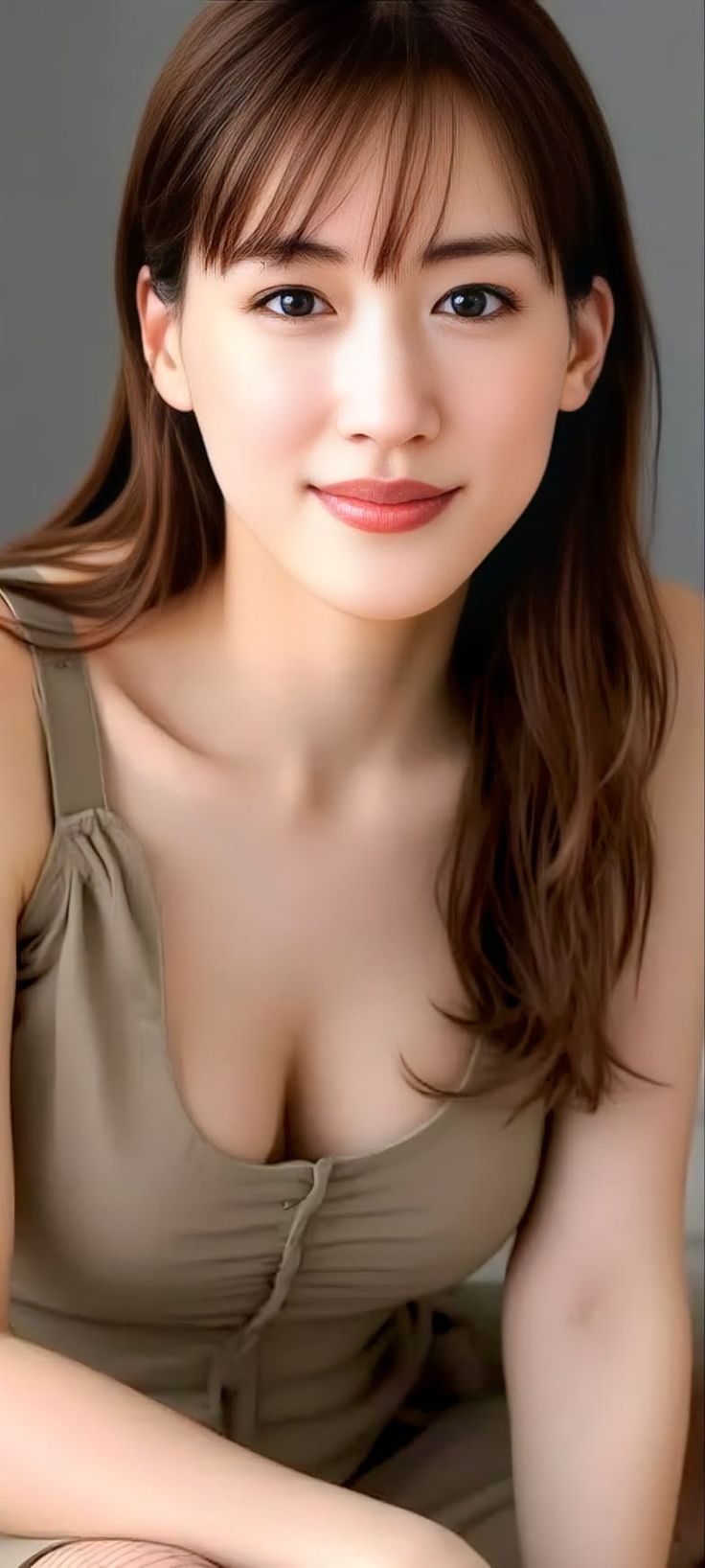 Woman with long brown hair and cleavage in a light brown top