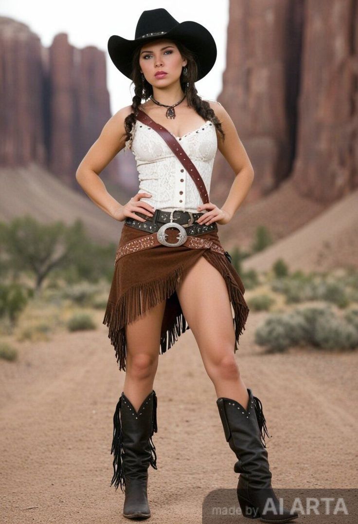 Woman in a cowboy hat and fringe skirt posing in a desert landscape