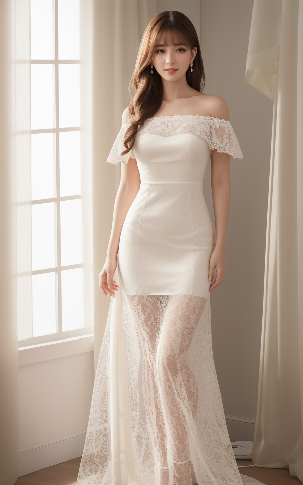 Woman in a white lace dress with exposed shoulders standing by a window