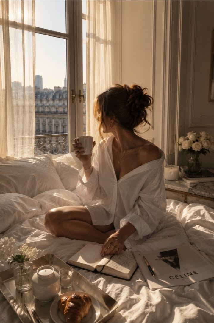 Woman in a white shirt sitting on a bed with a coffee cup, looking out a window