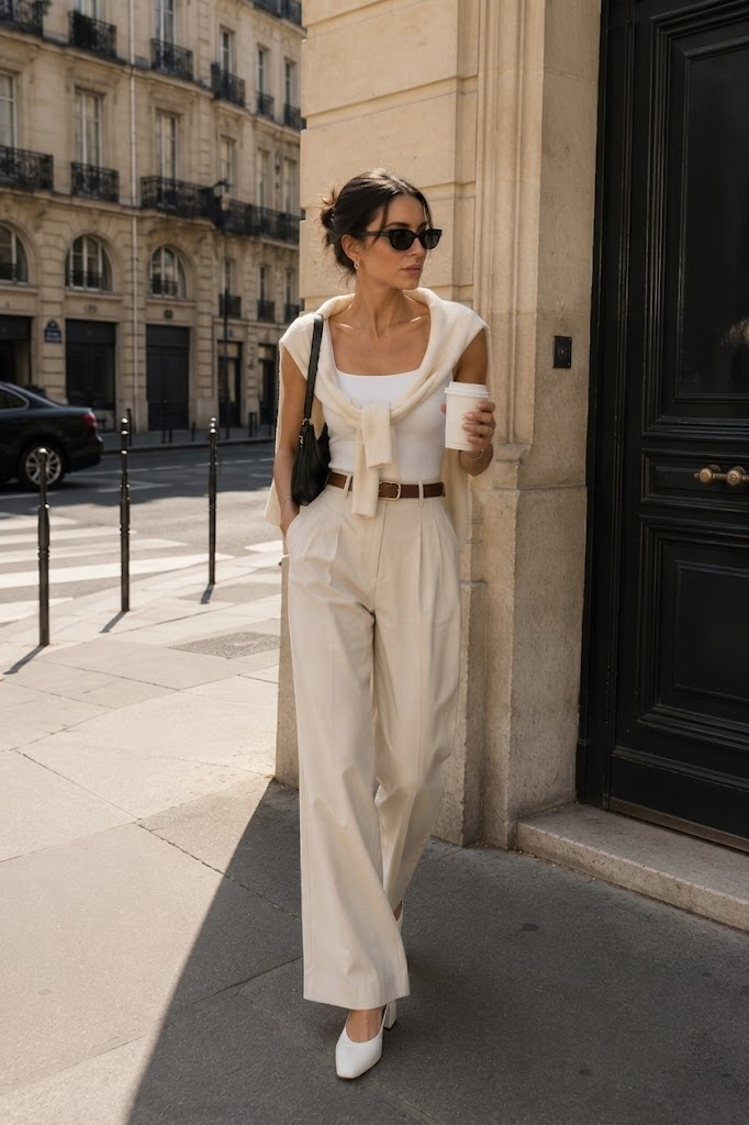 Woman in wide leg pants and sunglasses walking on a city street