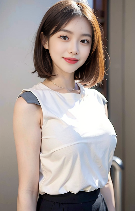 Woman with short brown hair wearing a white top and black skirt outdoors