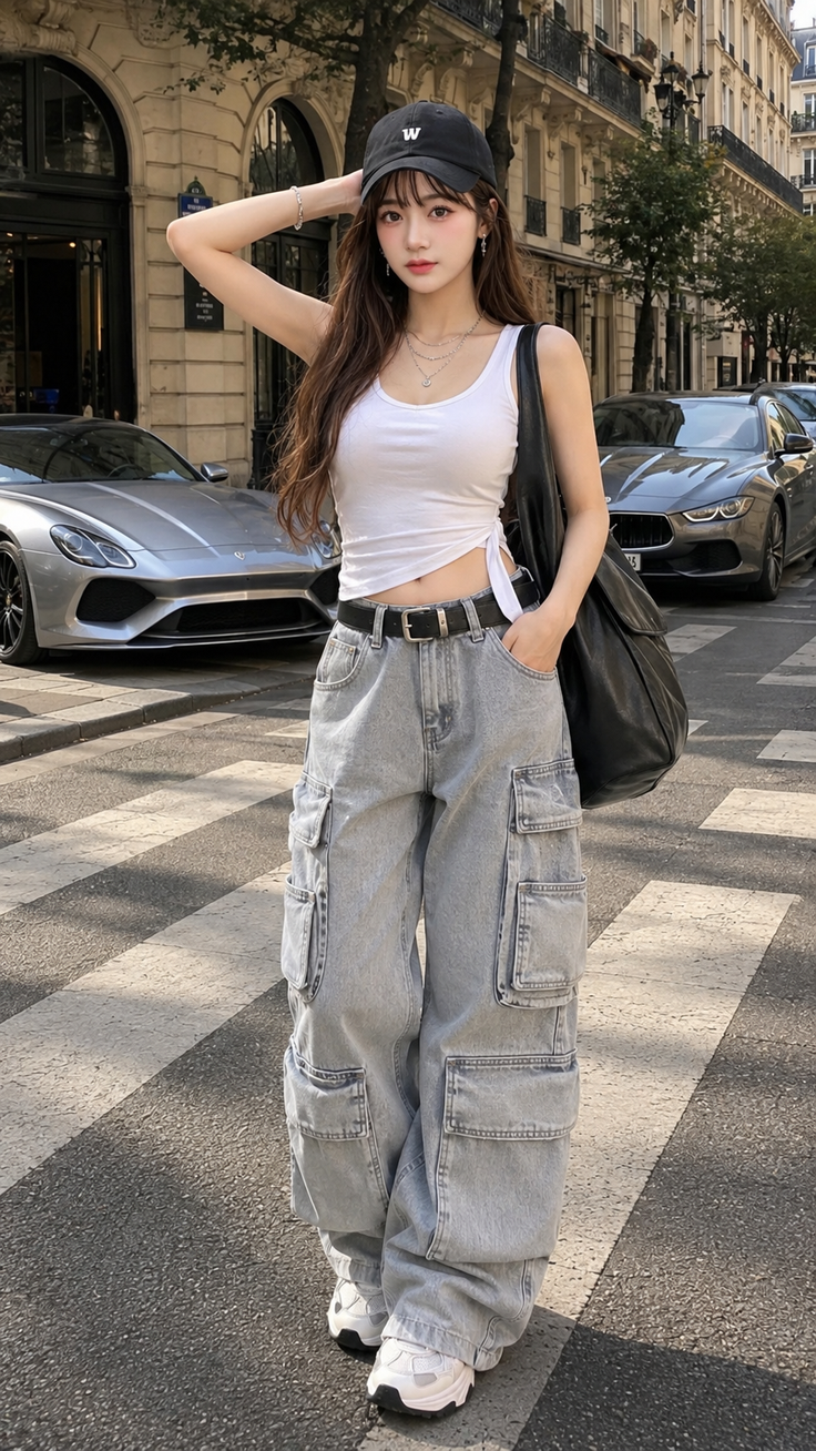 Woman in cargo pants and a white tank top on a city street
