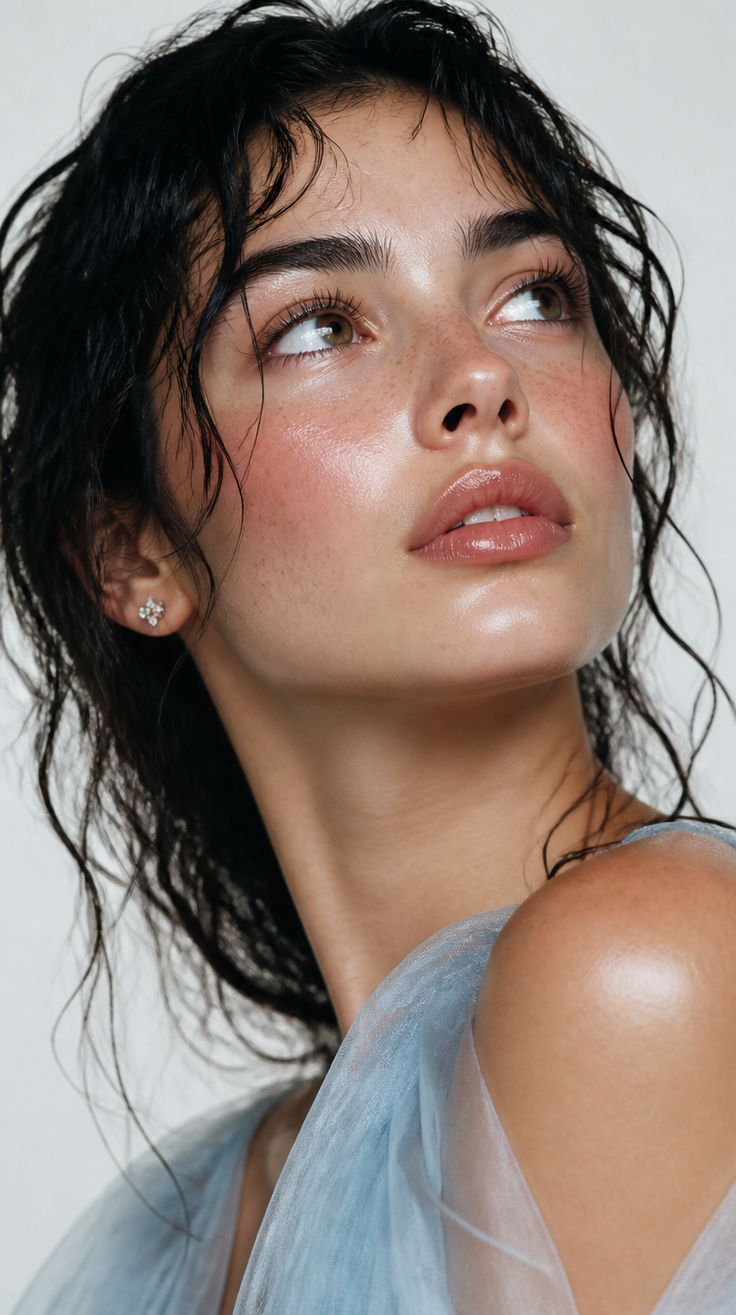 Woman with wet hair and freckles looking up, wearing light blue sheer fabric