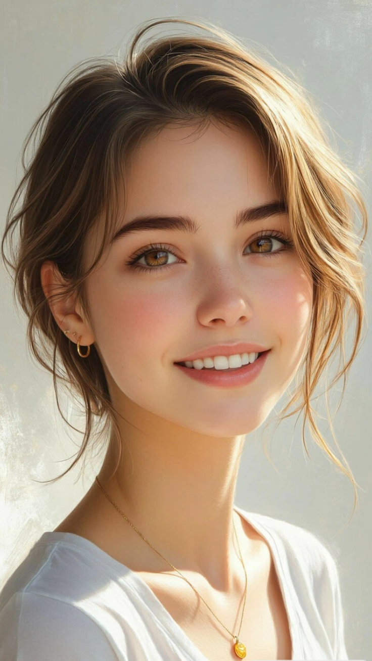 Realistic portrait of a smiling woman with brown hair and warm lighting