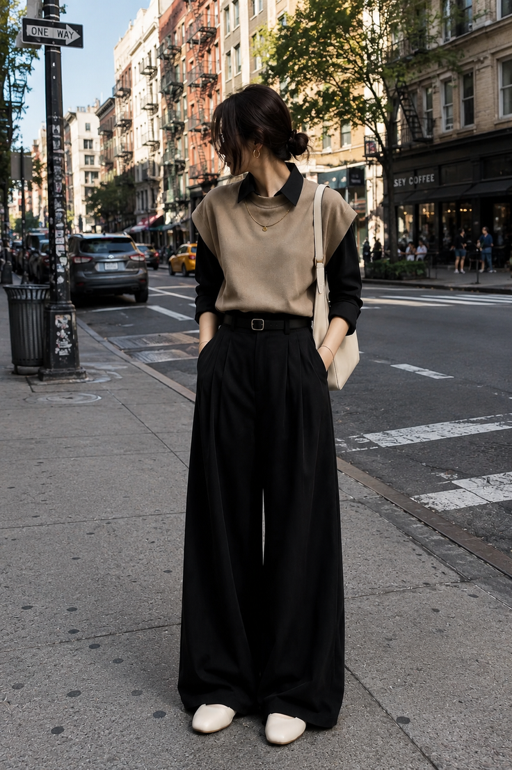 Woman in wide leg pants and a sleeveless top standing on a city street