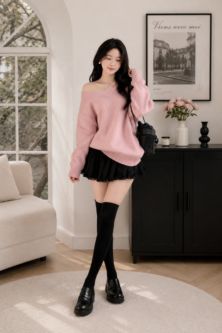 Woman in a pink off-shoulder sweater and black lace skirt with thigh-high socks