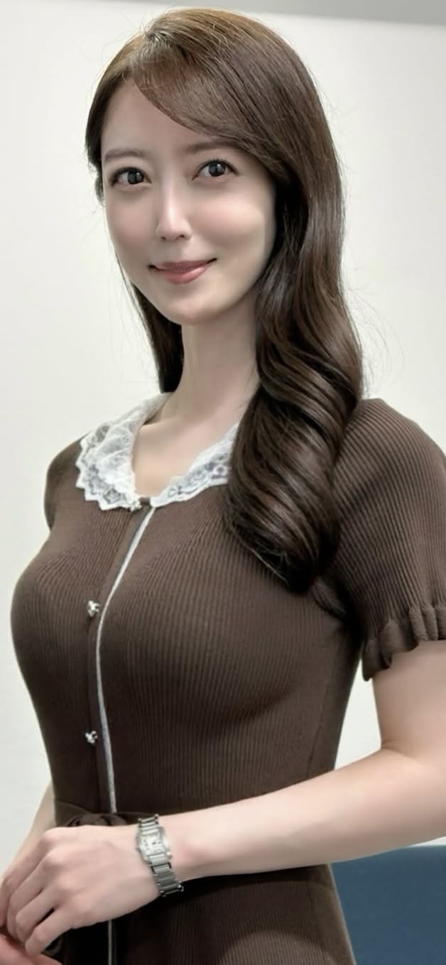 Woman with long brown hair wearing a brown ribbed dress with a lace collar