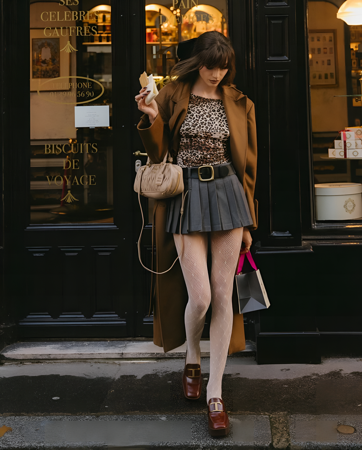 Woman in a long coat and pleated skirt holding a shopping bag on a street