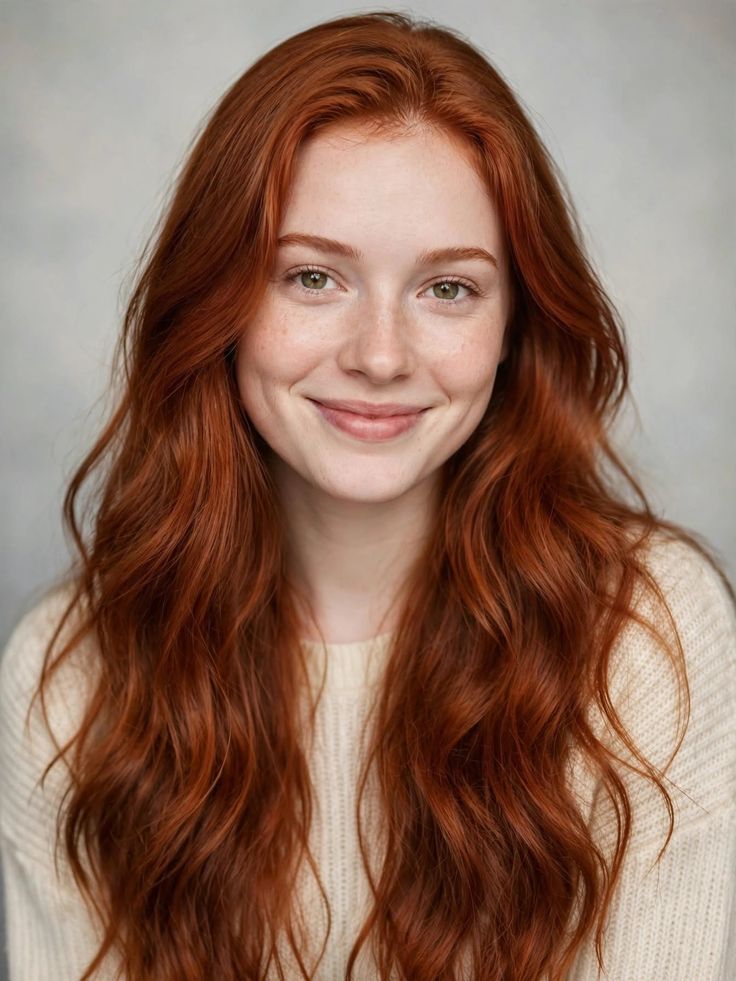 Woman with long red wavy hair and freckles smiling at the camera