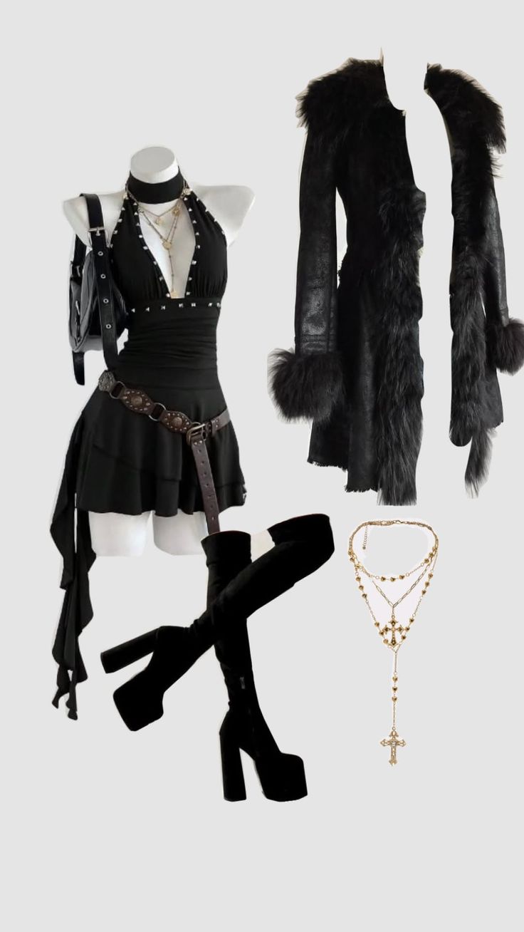Gothic fashion ensemble with a black halter dress, fur coat, and platform boots