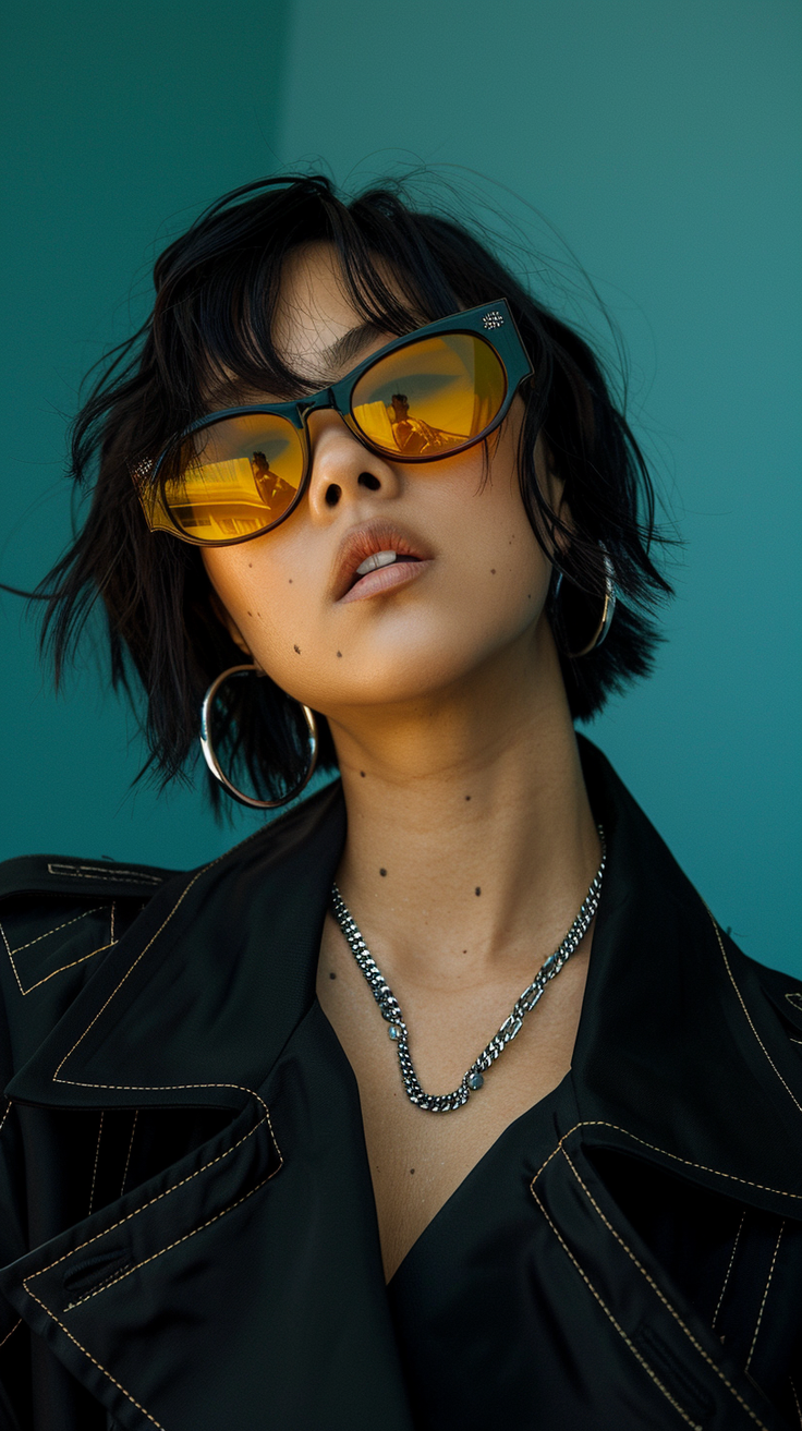 Woman with short hair and sunglasses wearing a black jacket and necklace