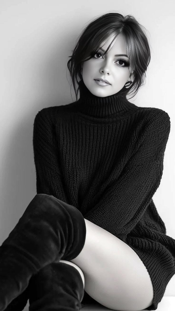 Woman in a black turtleneck sweater and thigh high boots in black and white