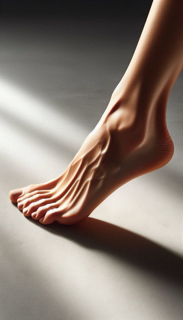 A close up photograph of a foot with dramatic lighting and visible veins