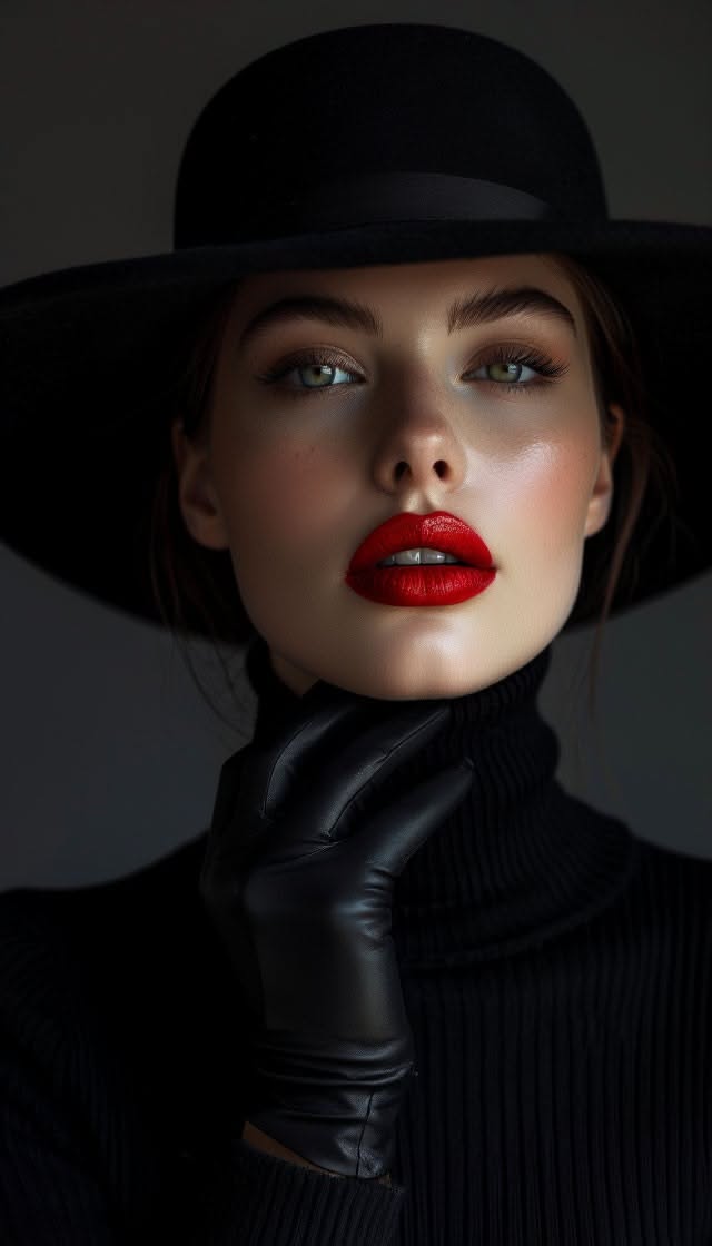 Woman in a black hat and turtleneck with red lipstick and black gloves