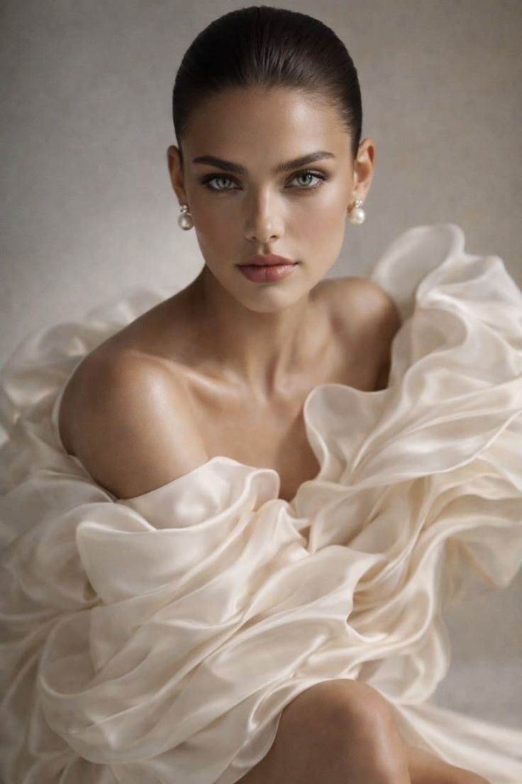 Woman with an updo and pearl earrings, draped in ruffled fabric