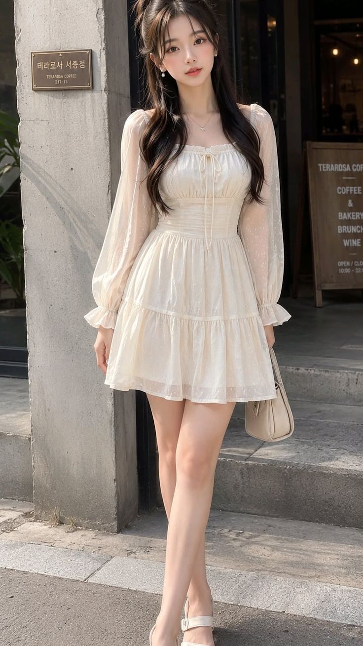 Woman in a white dress standing outdoors in daylight