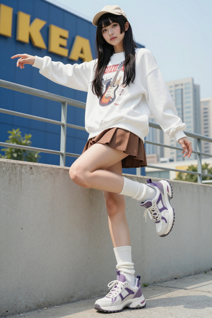 Young woman in a white sweatshirt and brown pleated skirt posing outdoors