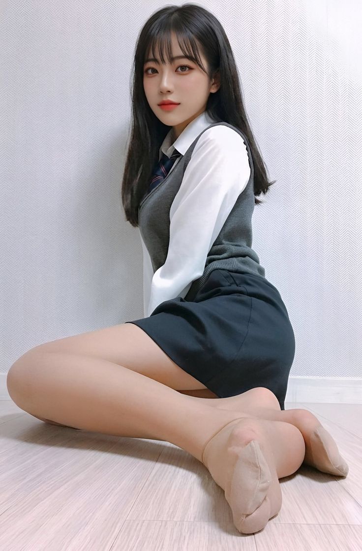 Woman in a school uniform and pantyhose sitting on a wooden floor