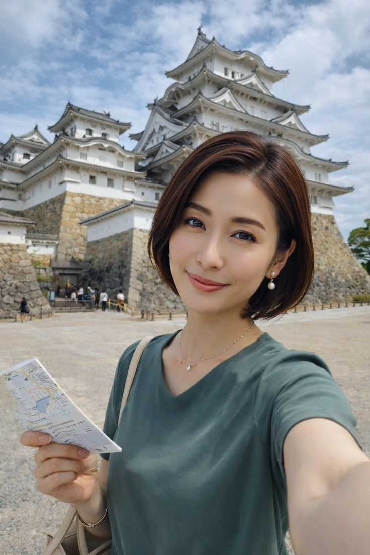 Woman with short hair holding a map in front of a Japanese castle